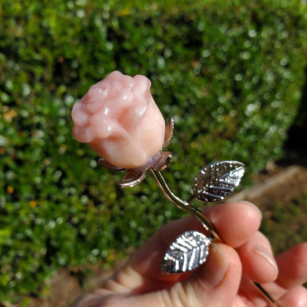 Small Pink Opal Rose on Stem - Activates Heart Chakra, Strengthens Connection To Yourself, Individuality - Pink Crystal Flower Valentine