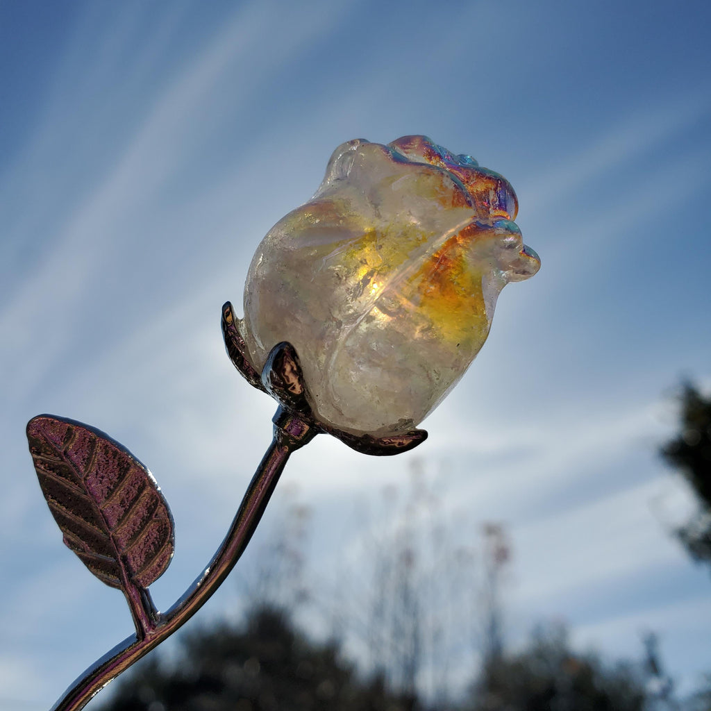 Small Aura Quartz Rose on Stem 6" long - Unconditional Love, Compassion, Self Love - Crystal Rose Bud with Metal Stem Shiny Rose Gemstone