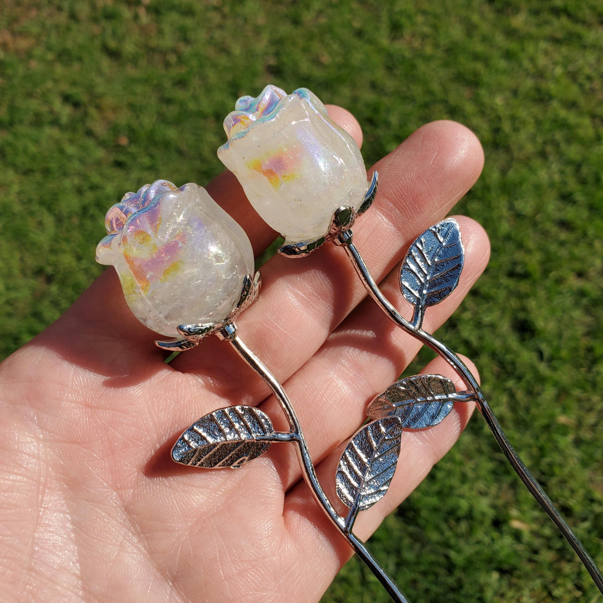 Small Aura Quartz Rose on Stem 6" long - Unconditional Love, Compassion, Self Love - Crystal Rose Bud with Metal Stem Shiny Rose Gemstone