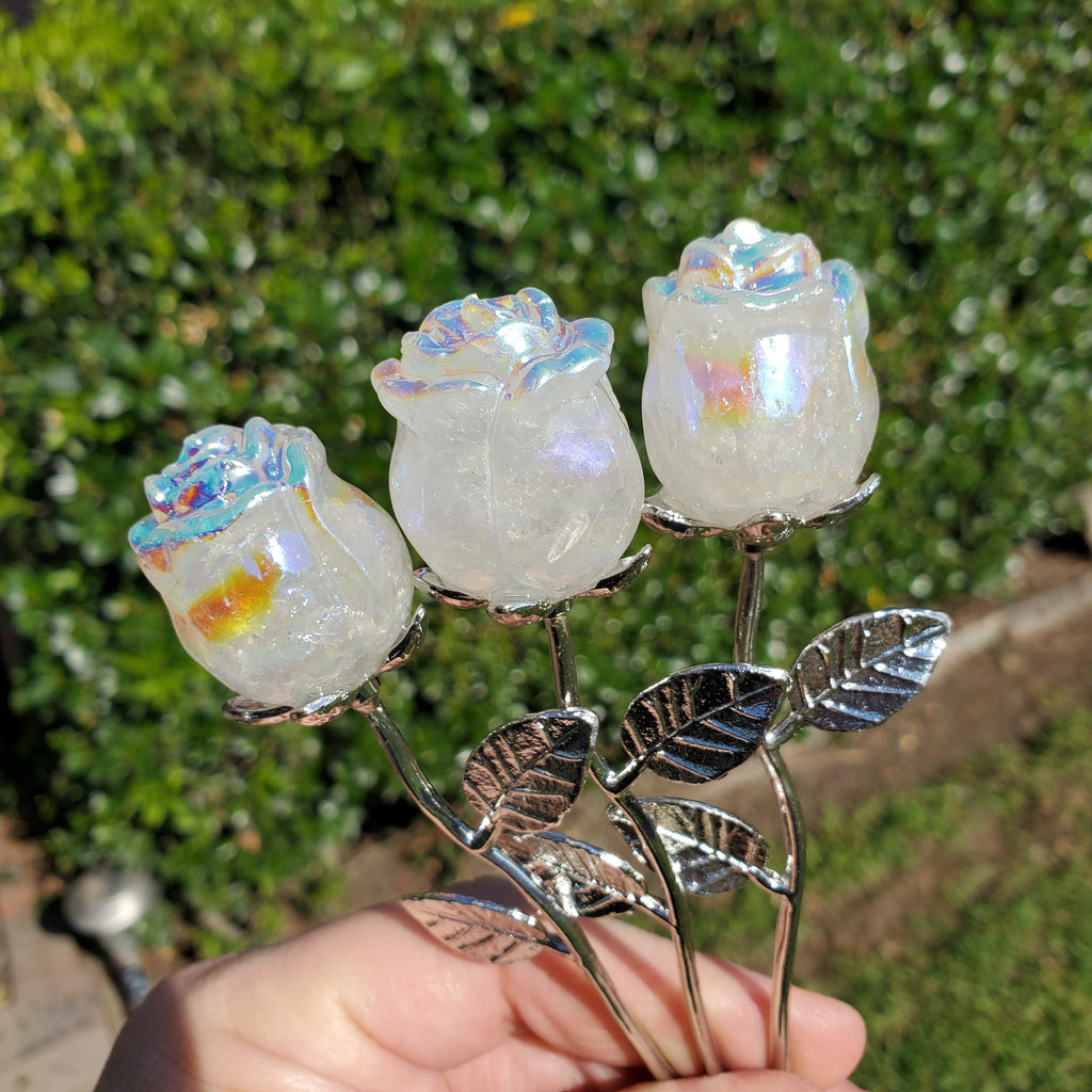 Small Aura Quartz Rose on Stem 6" long - Unconditional Love, Compassion, Self Love - Crystal Rose Bud with Metal Stem Shiny Rose Gemstone