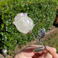 Small Aura Quartz Rose on Stem 6" long - Unconditional Love, Compassion, Self Love - Crystal Rose Bud with Metal Stem Shiny Rose Gemstone
