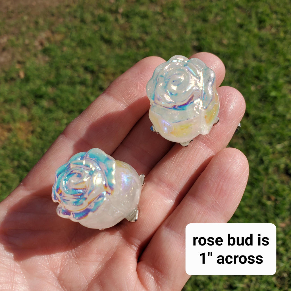 Small Aura Quartz Rose on Stem 6" long - Unconditional Love, Compassion, Self Love - Crystal Rose Bud with Metal Stem Shiny Rose Gemstone