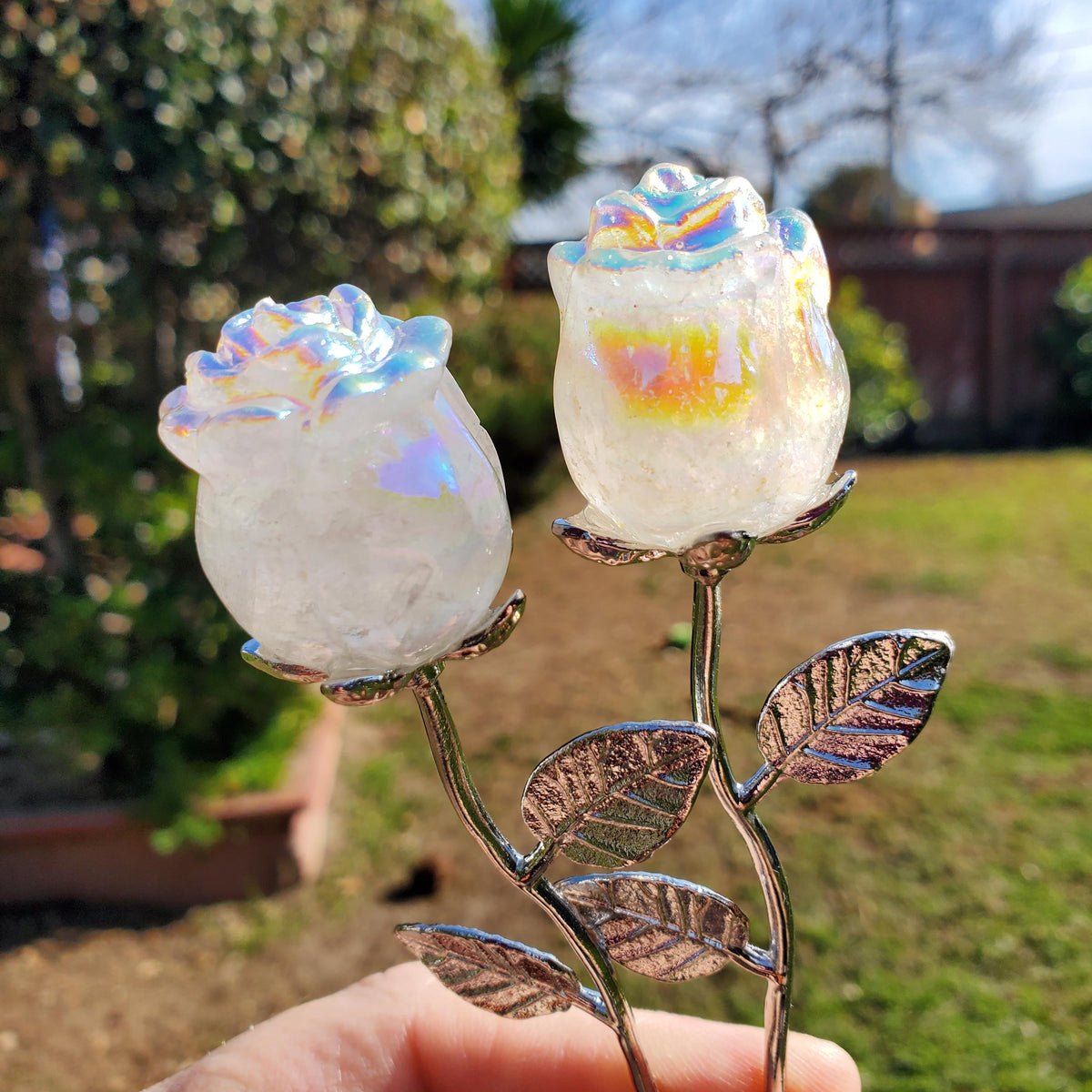 Small Aura Quartz Rose on Stem 6" long - Unconditional Love, Compassion, Self Love - Crystal Rose Bud with Metal Stem Shiny Rose Gemstone