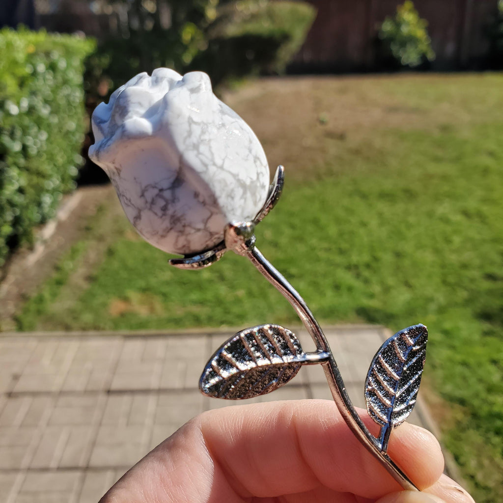 Small Howlite Flower on Metal Stem - Calm, Confidence, Emotional Healing, Grounding - Howlite Crystal Flower Healing Gemstone