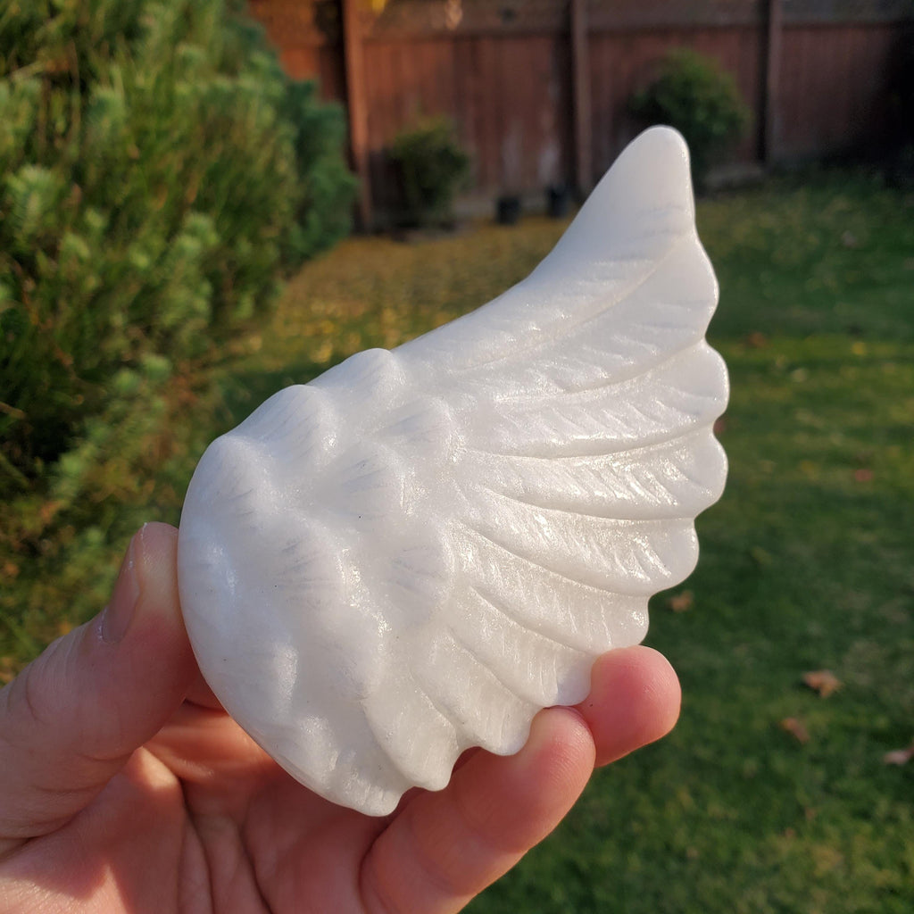 White Jade Angel Wings on Metal Stand - Peaceful, Calm, Joy, Love Energy - White Angel Wings Statement Display Healing Gemstone