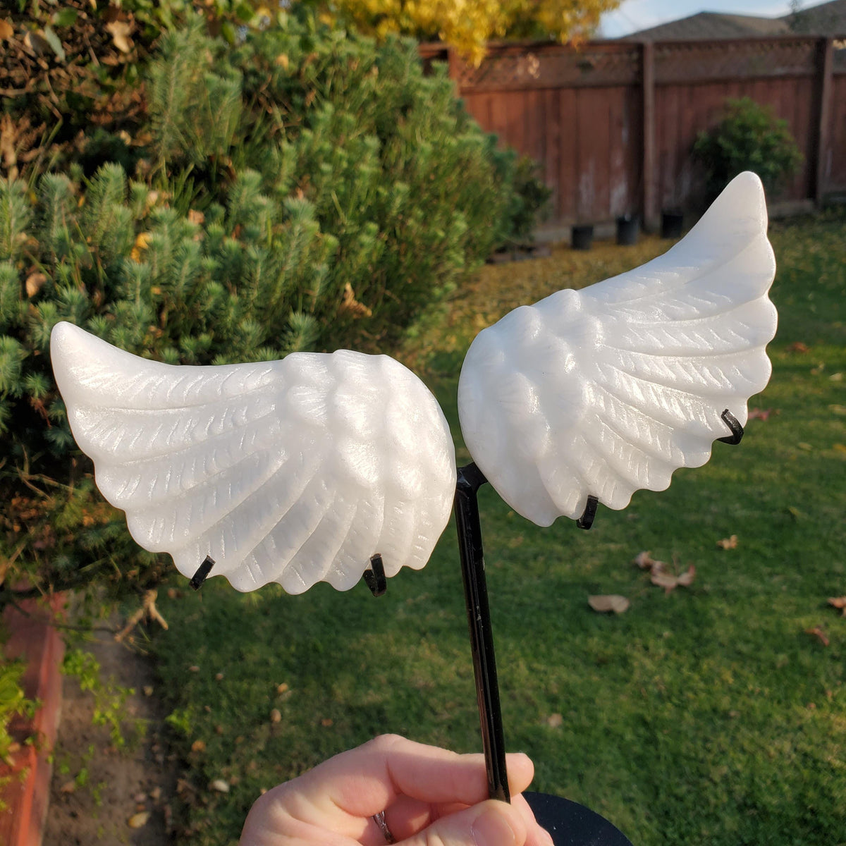 White Jade Angel Wings on Metal Stand - Peaceful, Calm, Joy, Love Energy - White Angel Wings Statement Display Healing Gemstone
