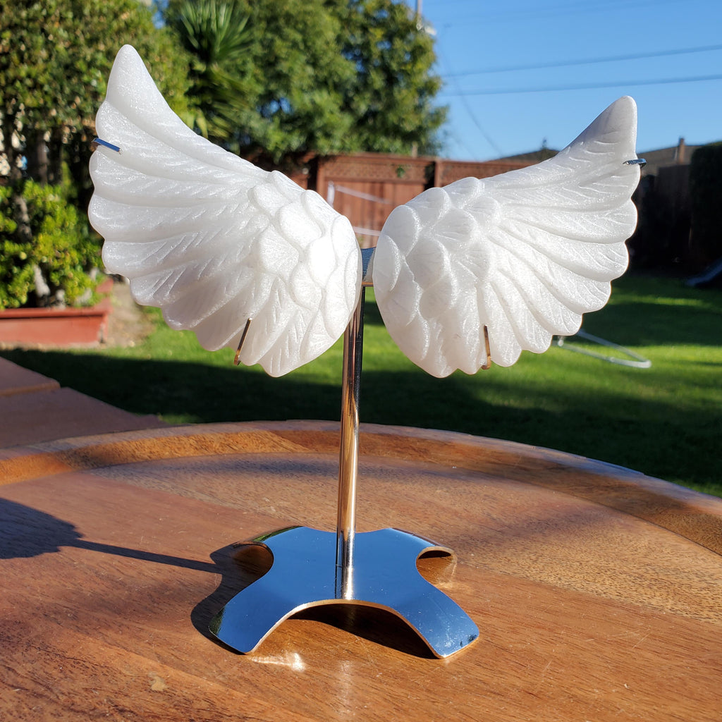 White Jade Angel Wings on Metal Stand - Peaceful, Calm, Joy, Love Energy - White Angel Wings Statement Display Healing Gemstone