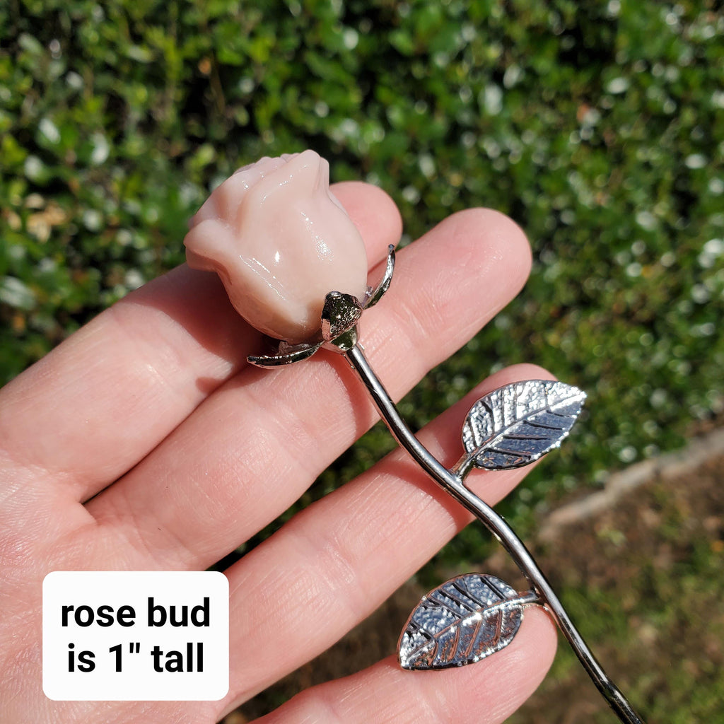 Small Pink Opal Rose on Stem - Activates Heart Chakra, Strengthens Connection To Yourself, Individuality - Pink Crystal Flower Valentine