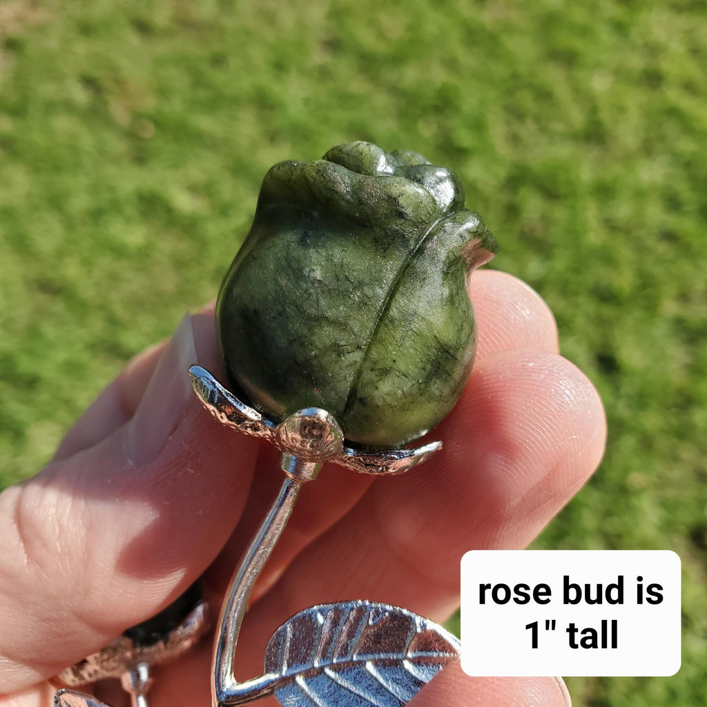 Small Serpentine Jade Rose on Metal Stem - Intuition, Rebirth, Guides Us To Our True Purpose - Green Crystal Flower Carving Healing Gemstone
