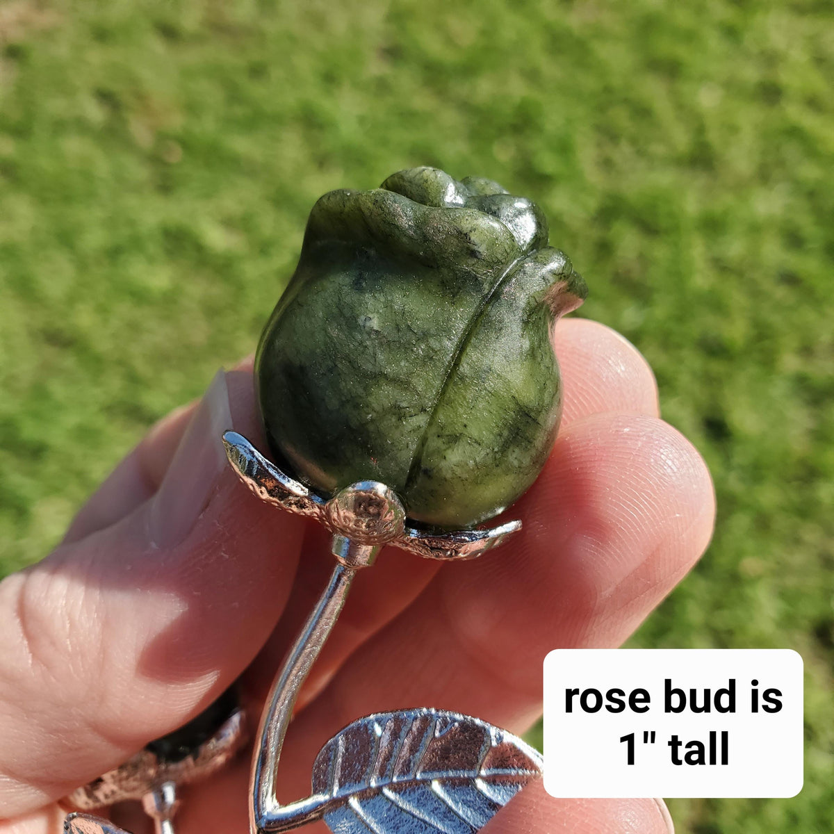 Small Serpentine Jade Rose on Metal Stem - Intuition, Rebirth, Guides Us To Our True Purpose - Green Crystal Flower Carving Healing Gemstone