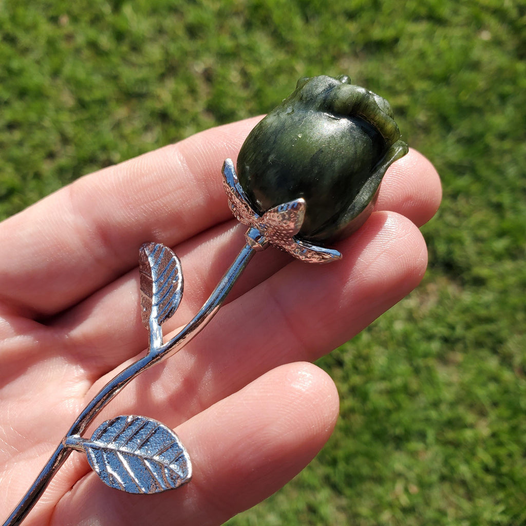 Small Serpentine Jade Rose on Metal Stem - Intuition, Rebirth, Guides Us To Our True Purpose - Green Crystal Flower Carving Healing Gemstone