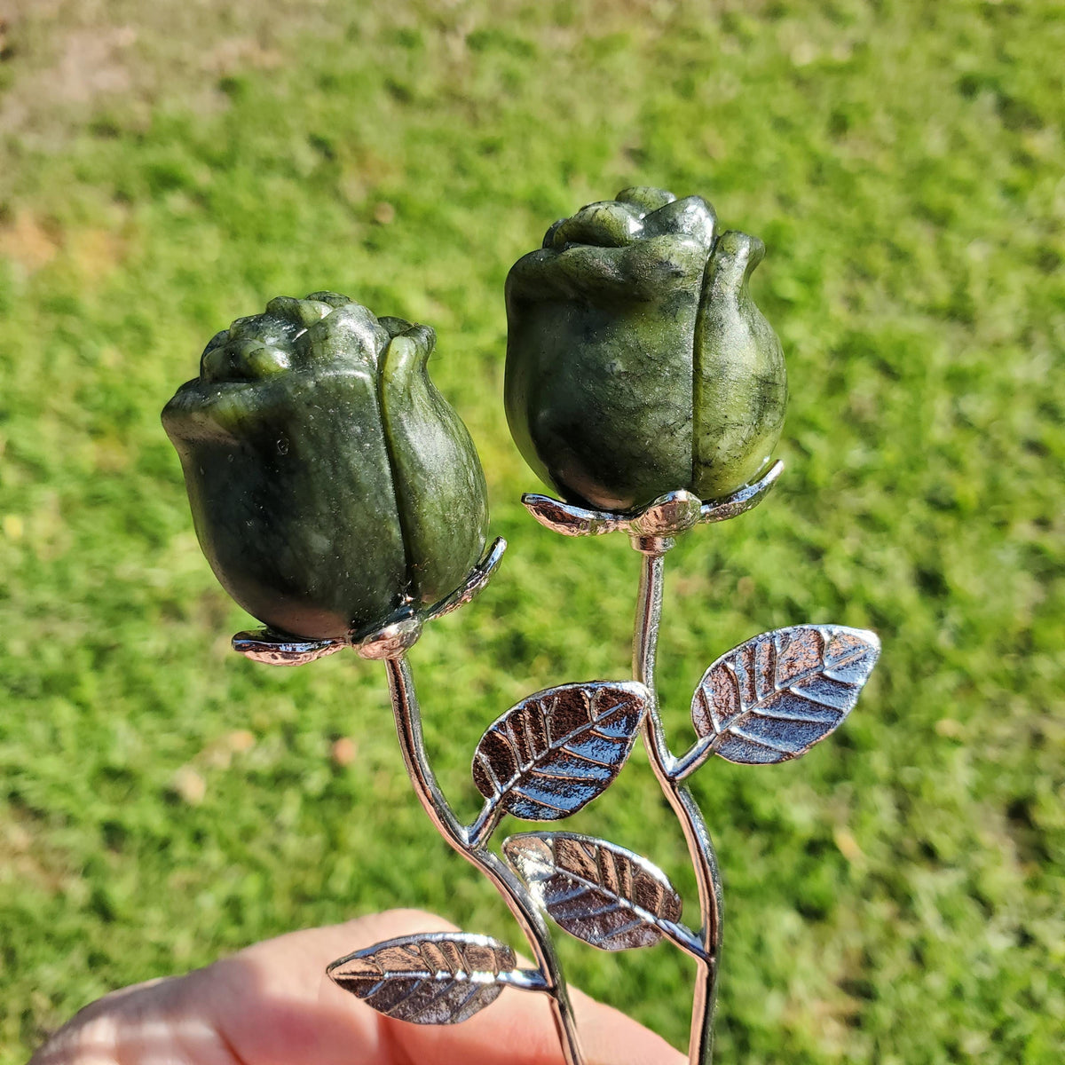 Small Serpentine Jade Rose on Metal Stem - Intuition, Rebirth, Guides Us To Our True Purpose - Green Crystal Flower Carving Healing Gemstone