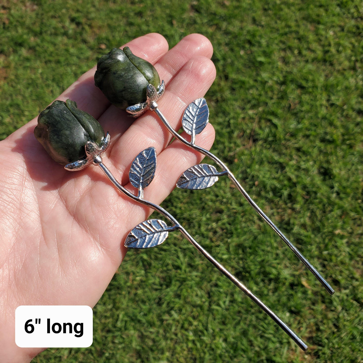 Small Serpentine Jade Rose on Metal Stem - Intuition, Rebirth, Guides Us To Our True Purpose - Green Crystal Flower Carving Healing Gemstone