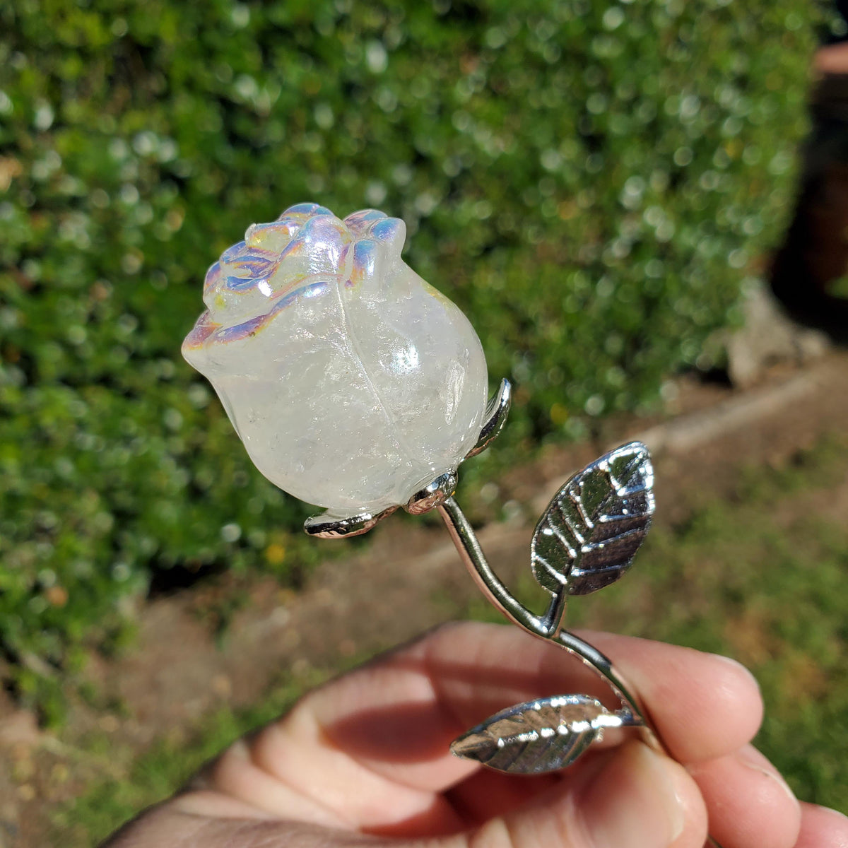 Small Aura Quartz Rose on Stem 6" long - Unconditional Love, Compassion, Self Love - Crystal Rose Bud with Metal Stem Shiny Rose Gemstone
