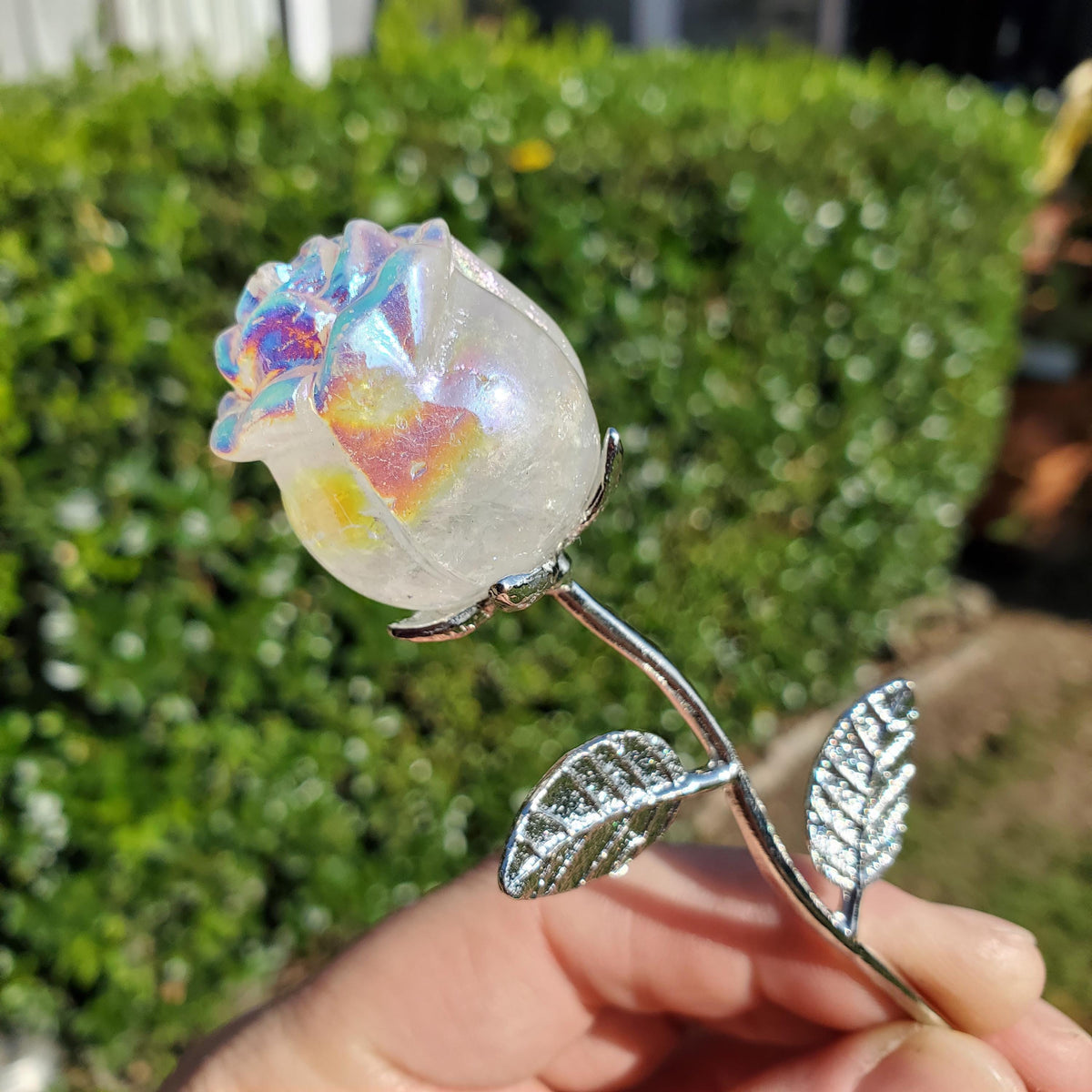 Small Aura Quartz Rose on Stem 6" long - Unconditional Love, Compassion, Self Love - Crystal Rose Bud with Metal Stem Shiny Rose Gemstone