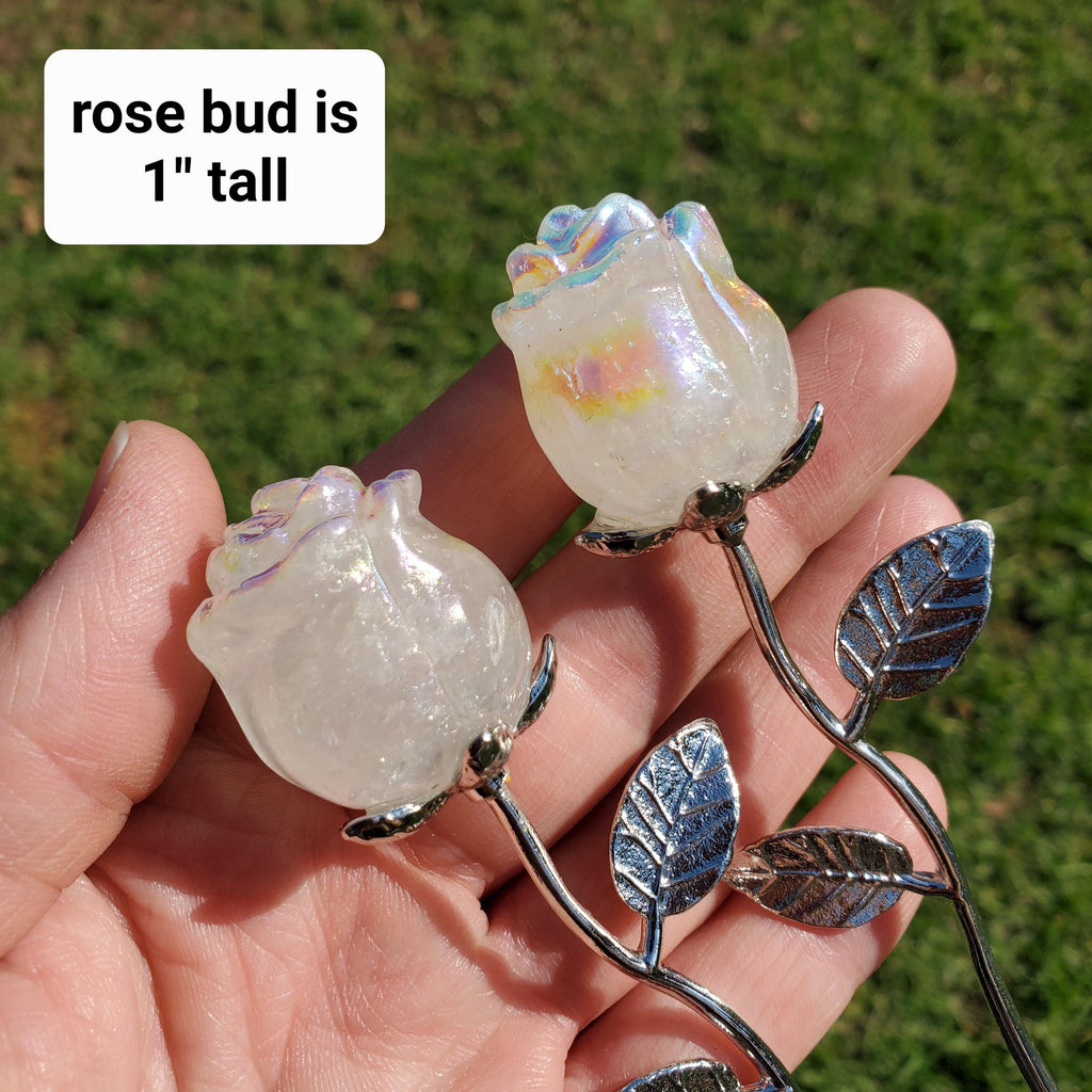 Small Aura Quartz Rose on Stem 6" long - Unconditional Love, Compassion, Self Love - Crystal Rose Bud with Metal Stem Shiny Rose Gemstone