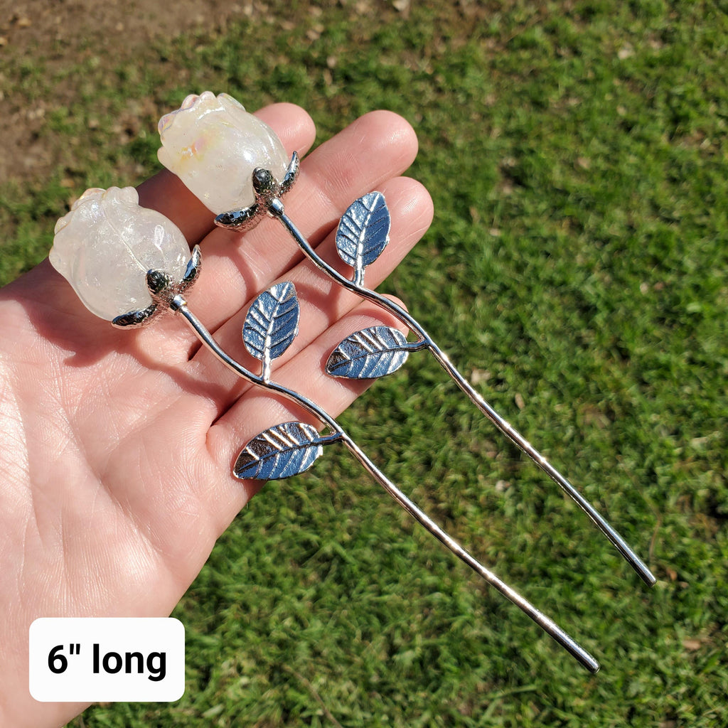 Small Aura Quartz Rose on Stem 6" long - Unconditional Love, Compassion, Self Love - Crystal Rose Bud with Metal Stem Shiny Rose Gemstone