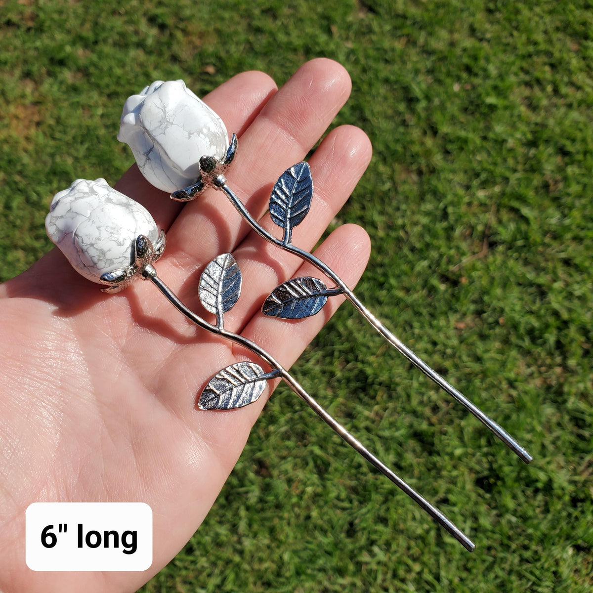 Small Howlite Flower on Metal Stem - Calm, Confidence, Emotional Healing, Grounding - Howlite Crystal Flower Healing Gemstone