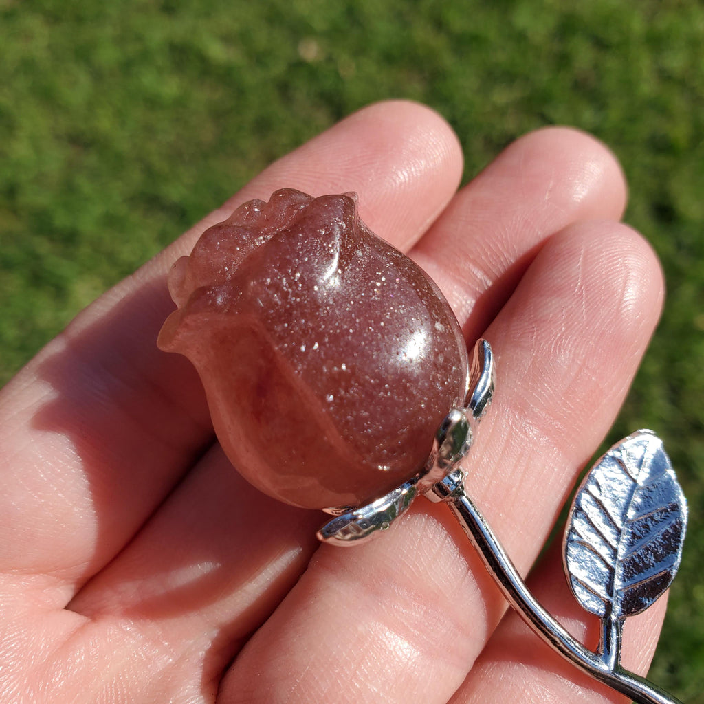 Small Strawberry Quartz Rose on Metal Stem - Universal Love, Gratitude, Generosity, Compassion - 6" Long Tanzberry Flower