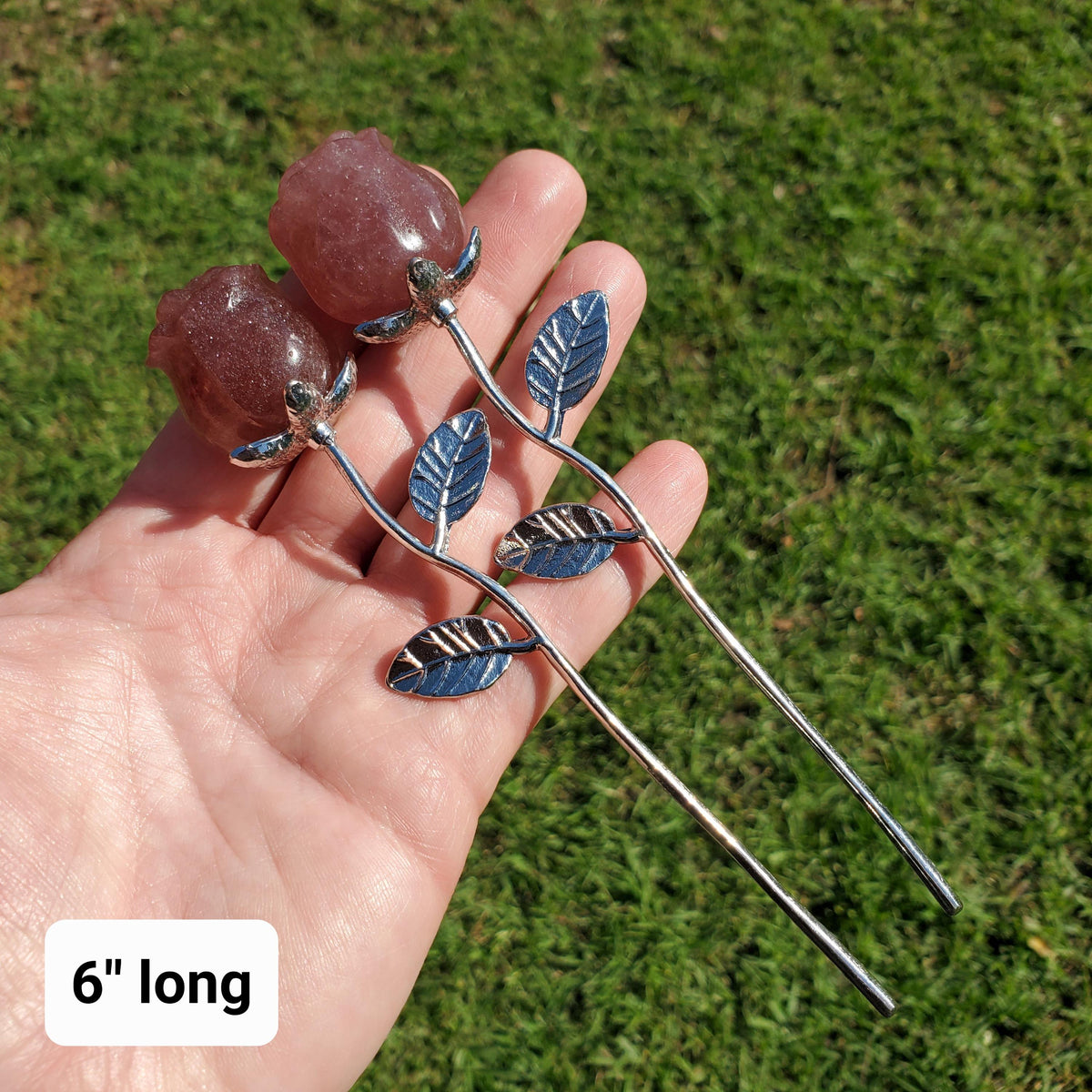 Small Strawberry Quartz Rose on Metal Stem - Universal Love, Gratitude, Generosity, Compassion - 6" Long Tanzberry Flower