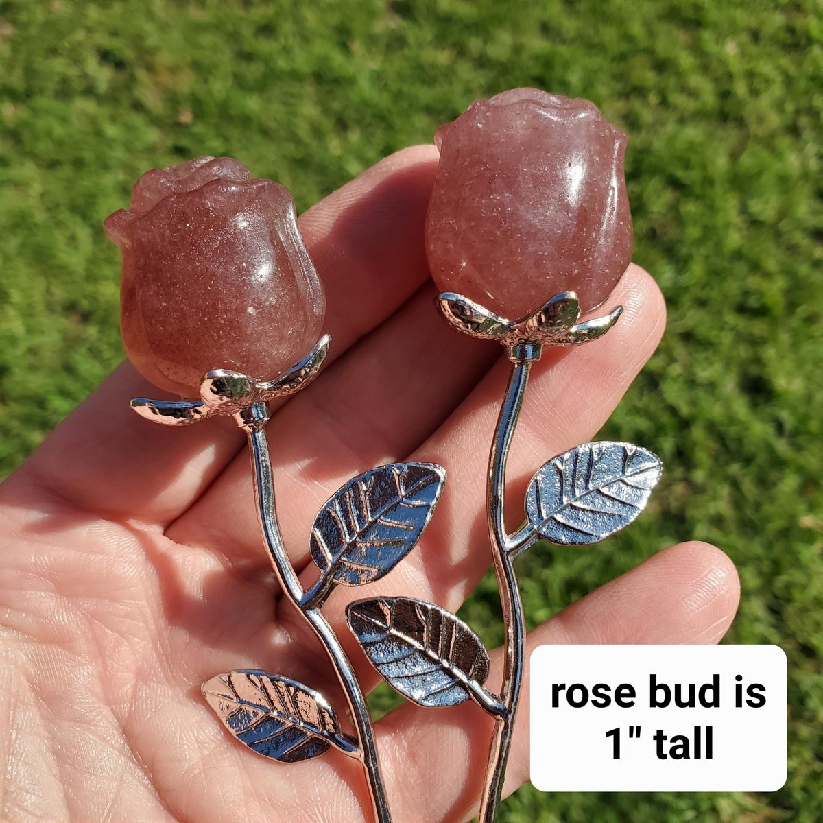 Small Strawberry Quartz Rose on Metal Stem - Universal Love, Gratitude, Generosity, Compassion - 6" Long Tanzberry Flower