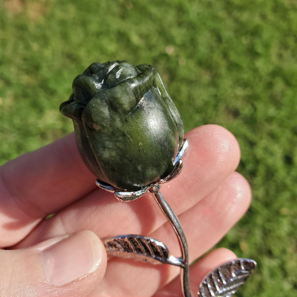 Small Serpentine Jade Rose on Metal Stem - Intuition, Rebirth, Guides Us To Our True Purpose - Green Crystal Flower Carving Healing Gemstone