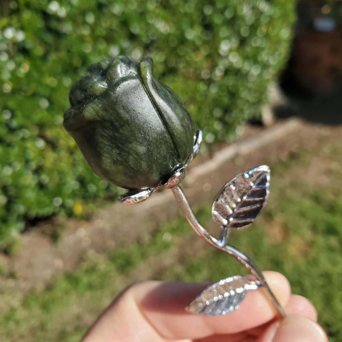 Small Serpentine Jade Rose on Metal Stem - Intuition, Rebirth, Guides Us To Our True Purpose - Green Crystal Flower Carving Healing Gemstone