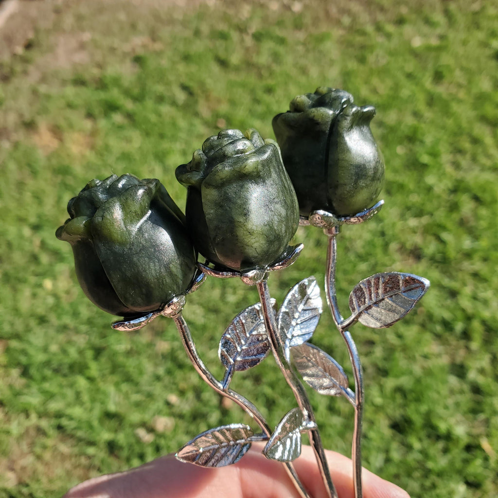Small Serpentine Jade Rose on Metal Stem - Intuition, Rebirth, Guides Us To Our True Purpose - Green Crystal Flower Carving Healing Gemstone