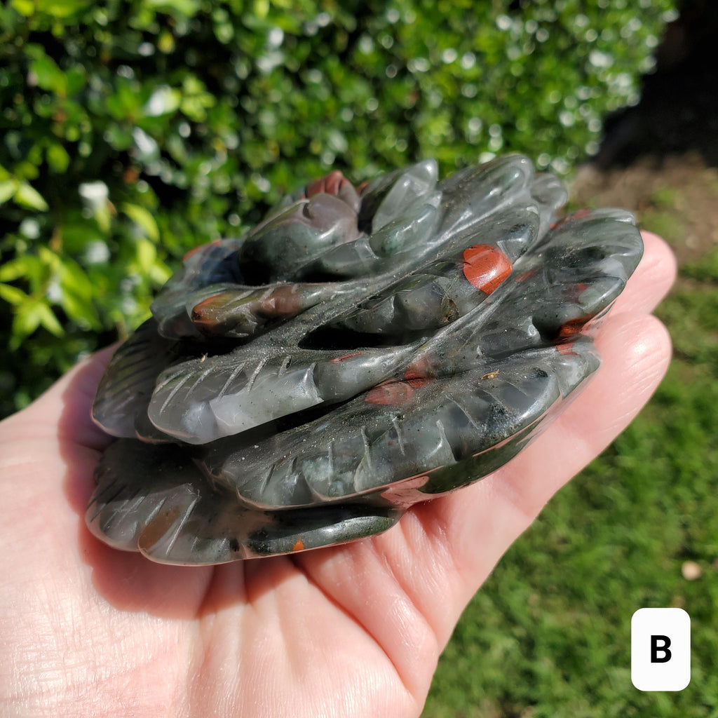 Big African Bloodstone Rose - Calming, Grounding, Persistence, Courage - Black and Red Crystal Flower Carving Statement or Paperweight