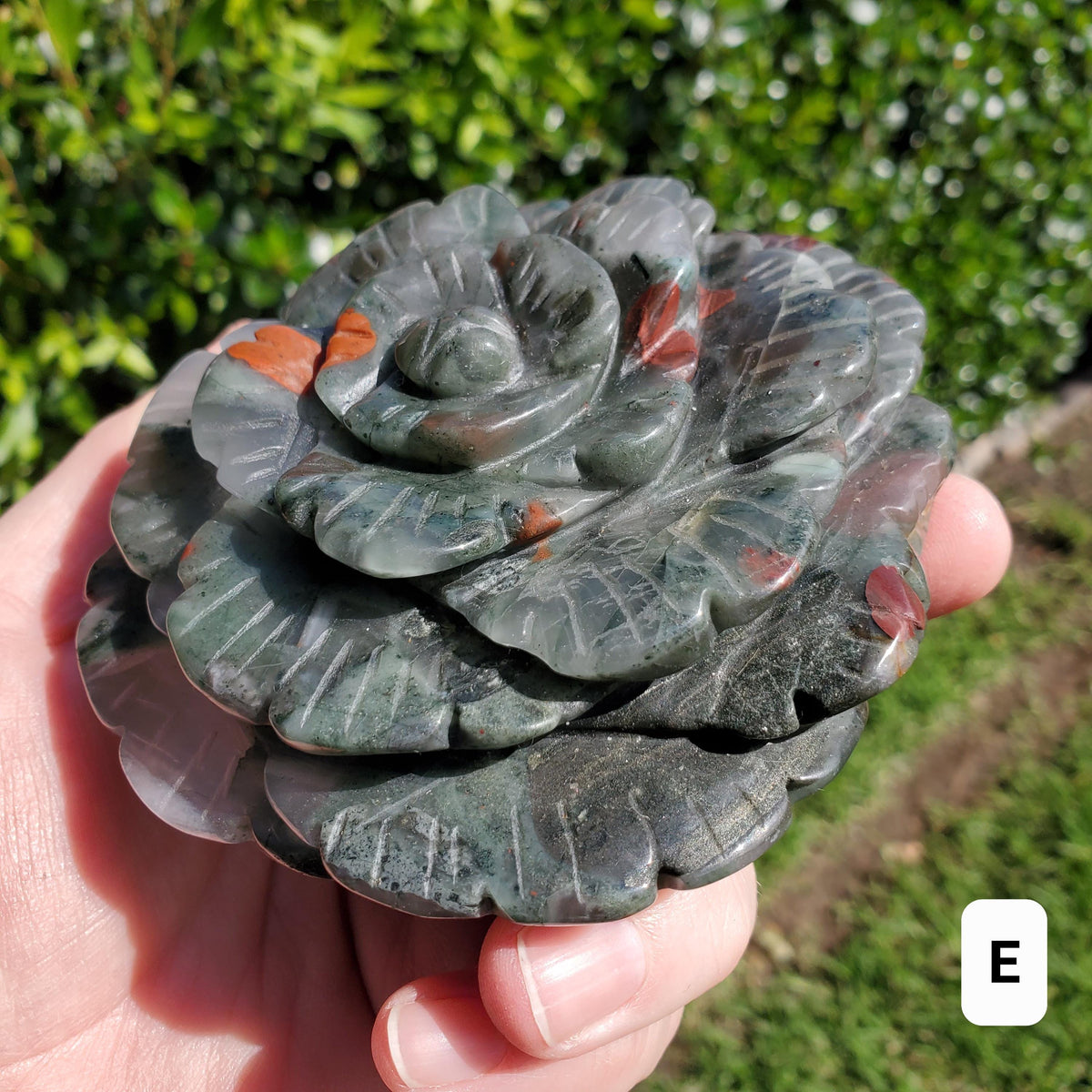 Big African Bloodstone Rose - Calming, Grounding, Persistence, Courage - Black and Red Crystal Flower Carving Statement or Paperweight