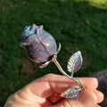 Small Ruby Kyanite Rose on Metal Stem with UV Light - Focus, Positivity, Balance Emotions - Crystal Flower Glowing Reactive Stone