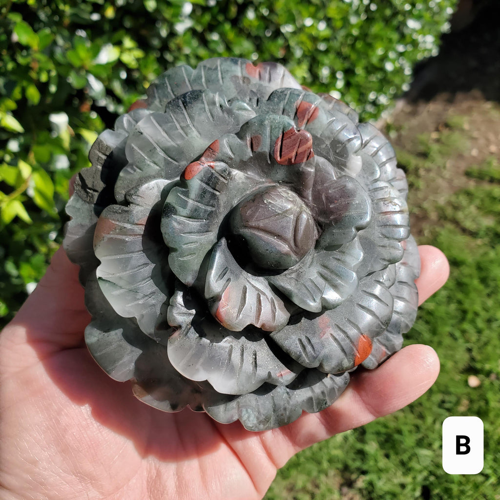 Big African Bloodstone Rose - Calming, Grounding, Persistence, Courage - Black and Red Crystal Flower Carving Statement or Paperweight