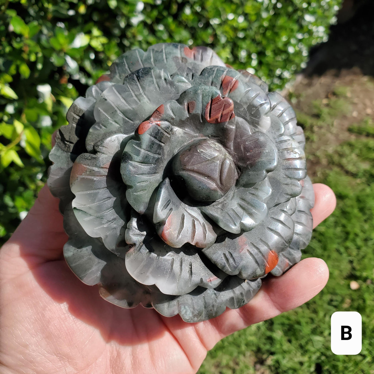 Big African Bloodstone Rose - Calming, Grounding, Persistence, Courage - Black and Red Crystal Flower Carving Statement or Paperweight