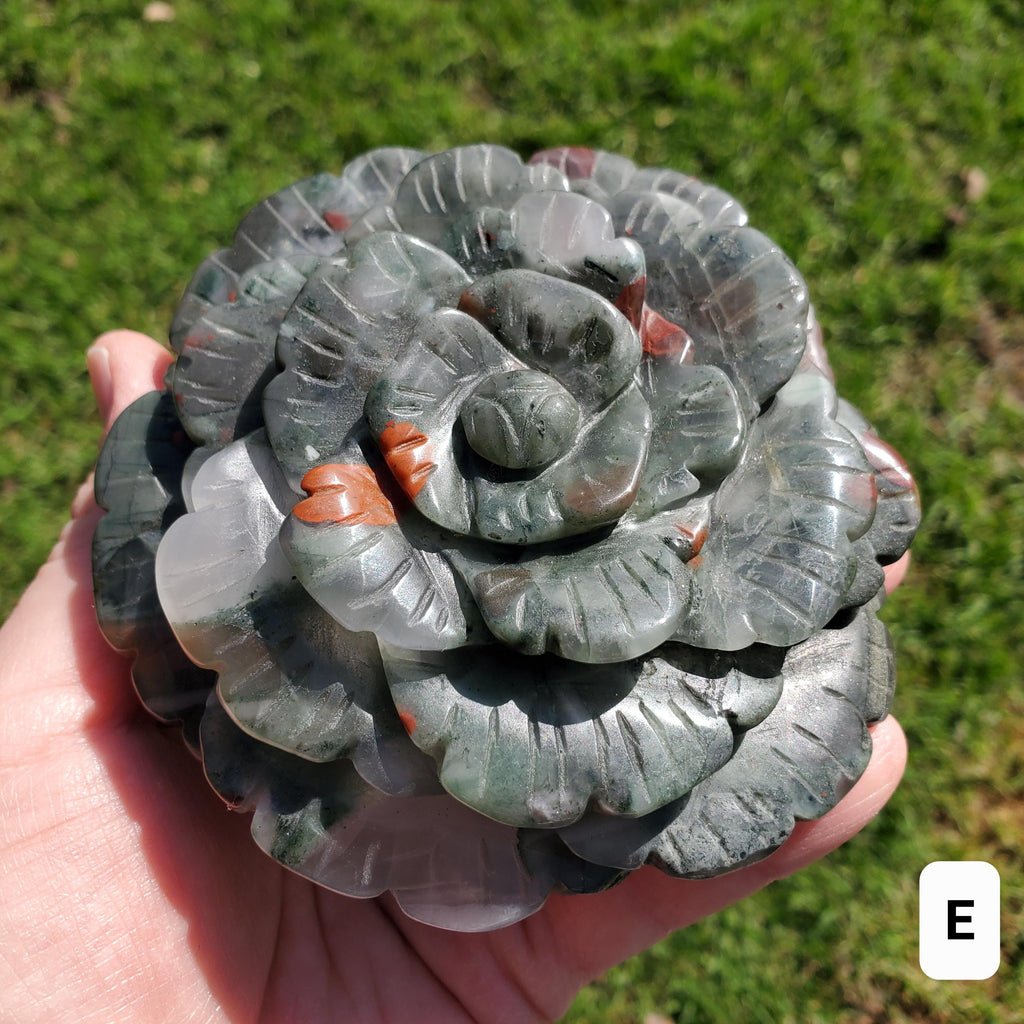 Big African Bloodstone Rose - Calming, Grounding, Persistence, Courage - Black and Red Crystal Flower Carving Statement or Paperweight
