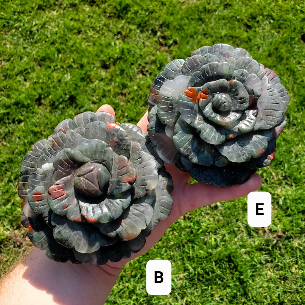 Big African Bloodstone Rose - Calming, Grounding, Persistence, Courage - Black and Red Crystal Flower Carving Statement or Paperweight