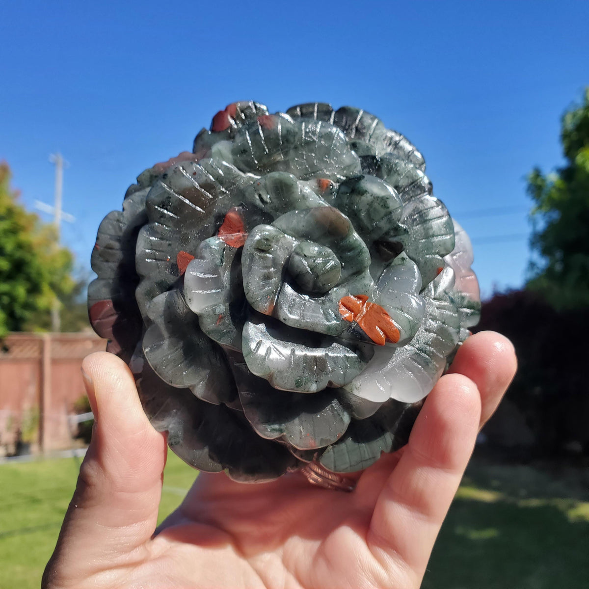 Big African Bloodstone Rose - Calming, Grounding, Persistence, Courage - Black and Red Crystal Flower Carving Statement or Paperweight