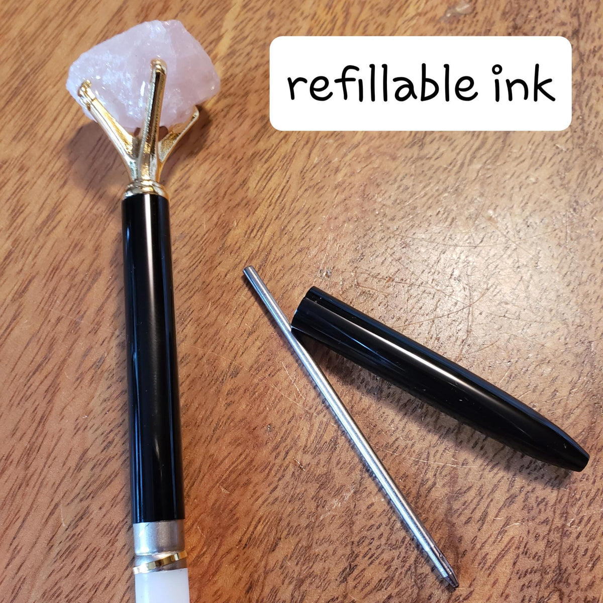 Stone Top Pen with Black Ink - Quartz (Magnify), Amethyst (Calming), Obsidian (Reflection), Rose Quartz (Love) - Pen with Gold Metal Detail