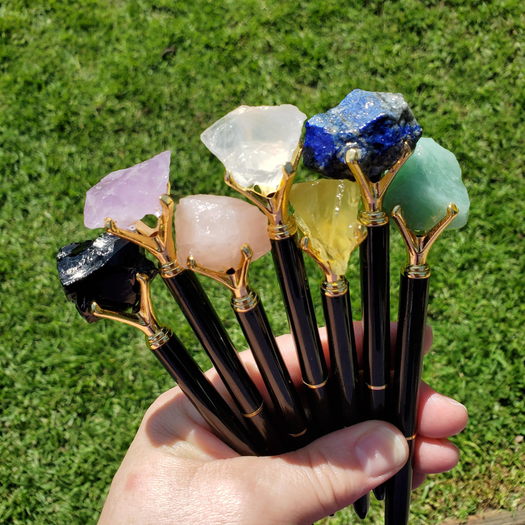 Stone Top Pen with Black Ink - Quartz (Magnify), Amethyst (Calming), Obsidian (Reflection), Rose Quartz (Love) - Pen with Gold Metal Detail