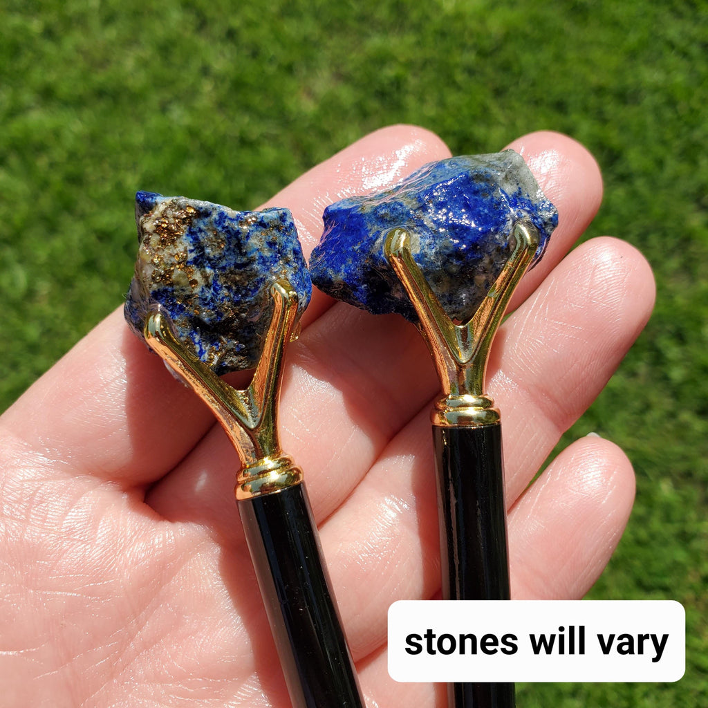 Stone Top Pen with Black Ink - Quartz (Magnify), Amethyst (Calming), Obsidian (Reflection), Rose Quartz (Love) - Pen with Gold Metal Detail