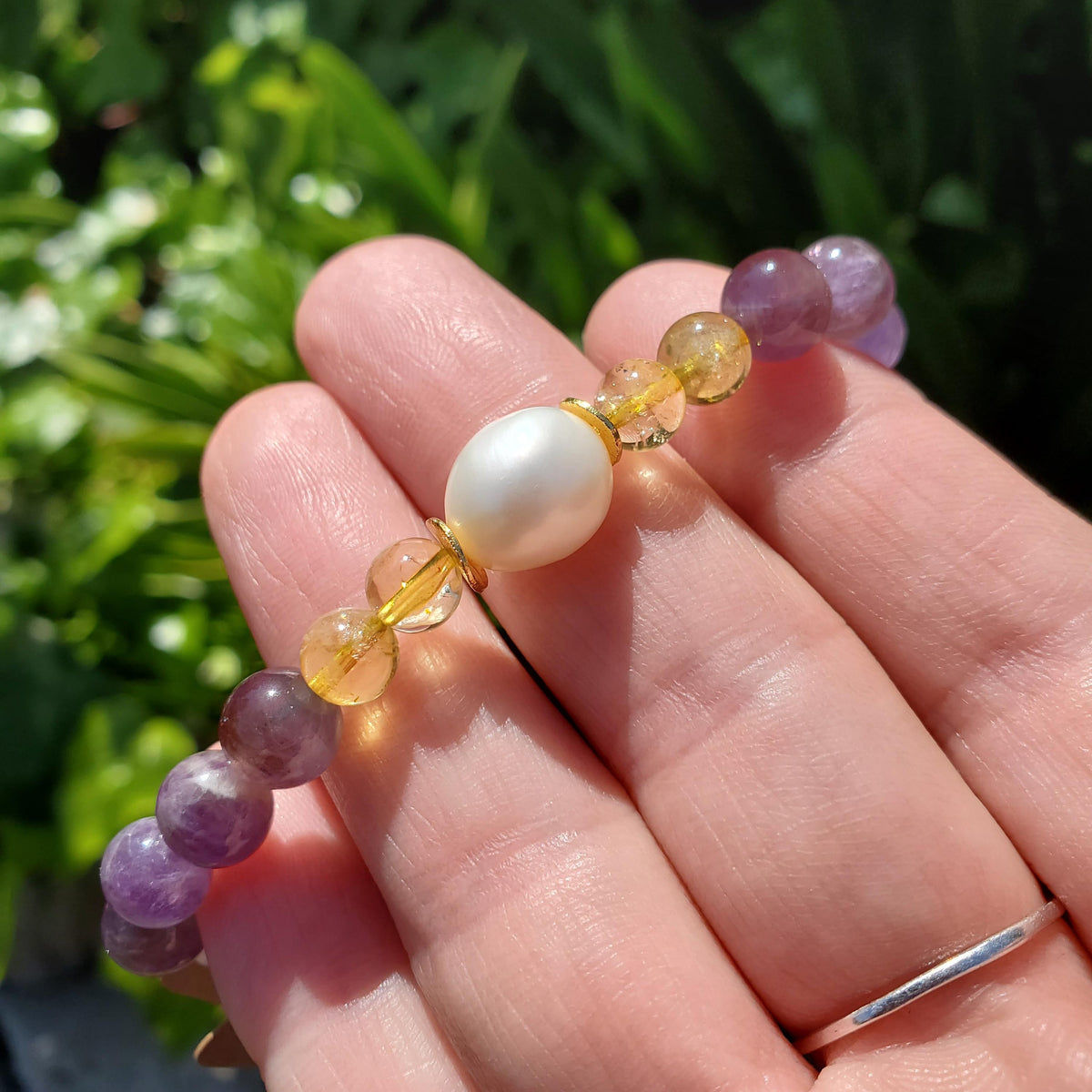 Empowering Crystal Bracelet with Amethyst, Citrine and Mother Pearl - Bring Harmony, Release Fear & Manifest - Handmade Crystal Jewelry