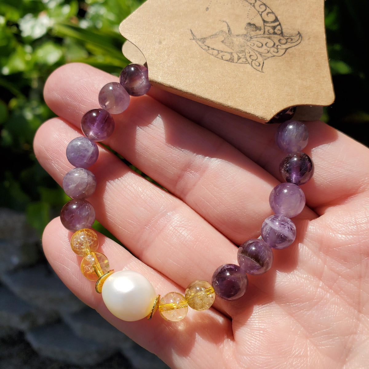 Empowering Crystal Bracelet with Amethyst, Citrine and Mother Pearl - Bring Harmony, Release Fear & Manifest - Handmade Crystal Jewelry