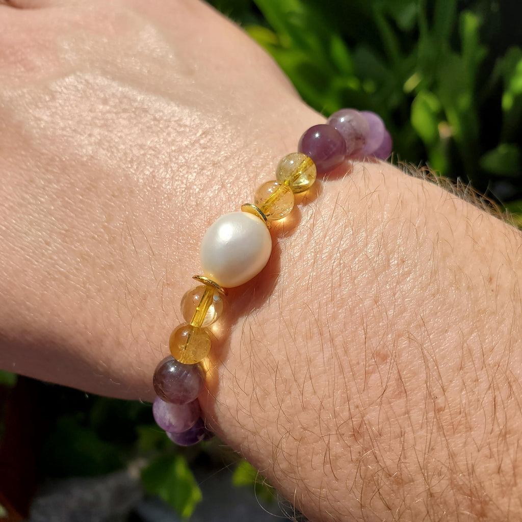 Empowering Crystal Bracelet with Amethyst, Citrine and Mother Pearl - Bring Harmony, Release Fear & Manifest - Handmade Crystal Jewelry