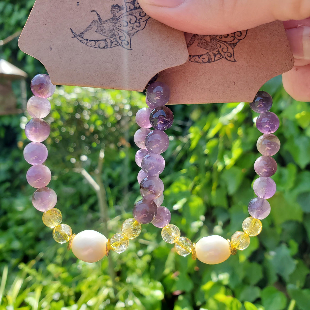 Empowering Crystal Bracelet with Amethyst, Citrine and Mother Pearl - Bring Harmony, Release Fear & Manifest - Handmade Crystal Jewelry