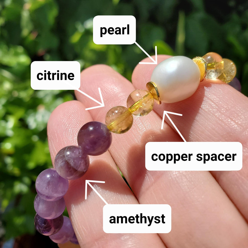 Empowering Crystal Bracelet with Amethyst, Citrine and Mother Pearl - Bring Harmony, Release Fear & Manifest - Handmade Crystal Jewelry