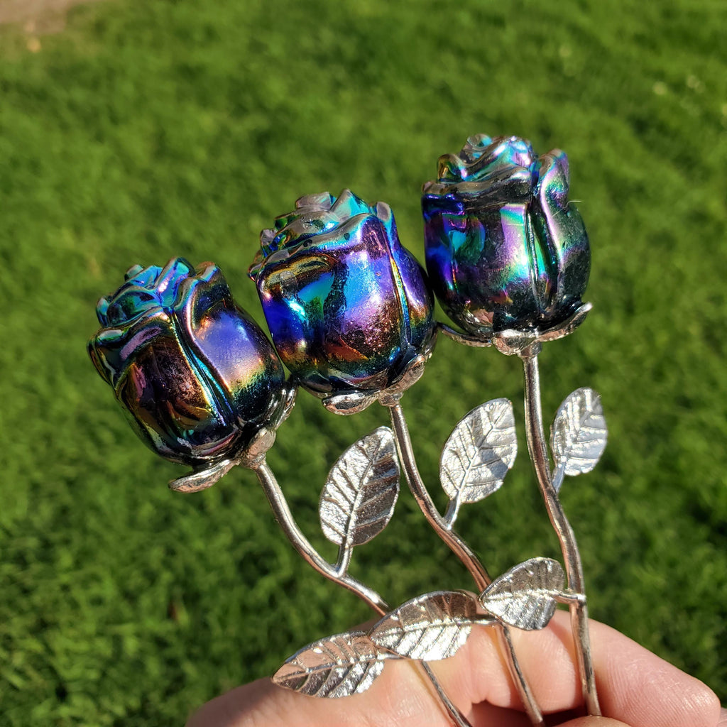 Small Aura Obsidian Rose on Stem - Self Reflection, Release Negative Energies, Balance - Rainbow Aura Flower Healing Crystals Gemstone