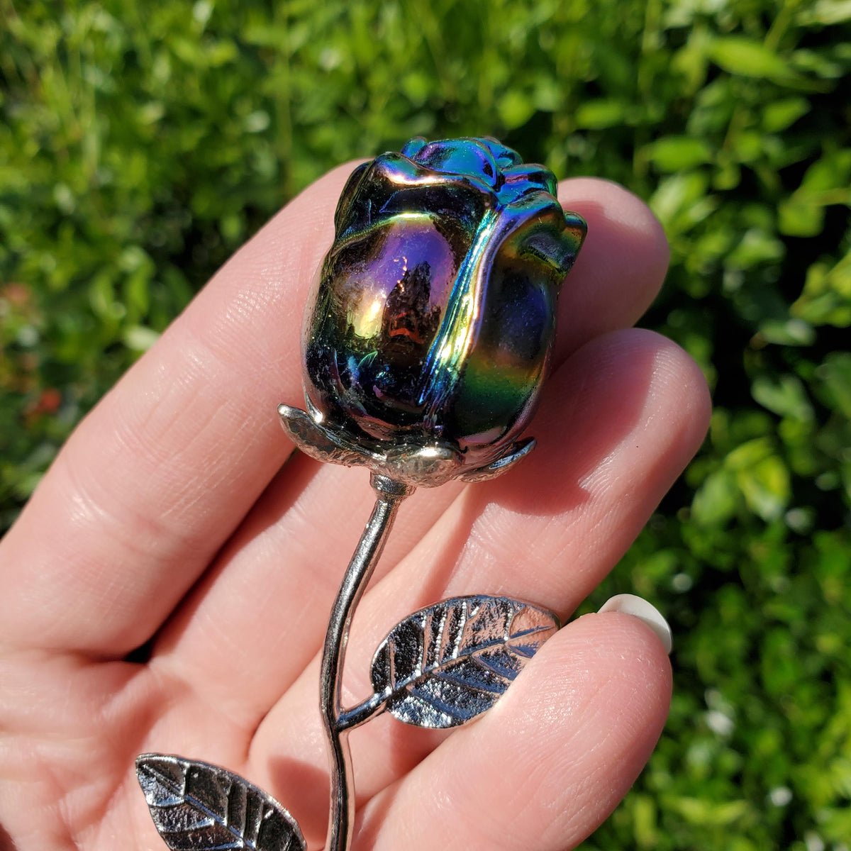 Small Aura Obsidian Rose on Stem - Self Reflection, Release Negative Energies, Balance - Rainbow Aura Flower Healing Crystals Gemstone