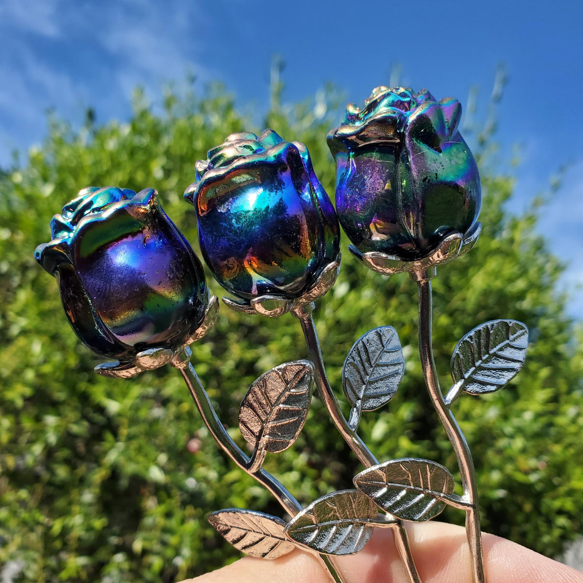 Small Aura Obsidian Rose on Stem - Self Reflection, Release Negative Energies, Balance - Rainbow Aura Flower Healing Crystals Gemstone