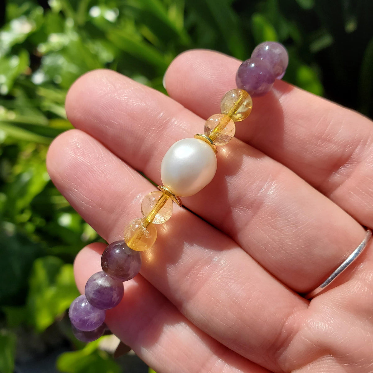 Empowering Crystal Bracelet with Amethyst, Citrine and Mother Pearl - Bring Harmony, Release Fear & Manifest - Handmade Crystal Jewelry