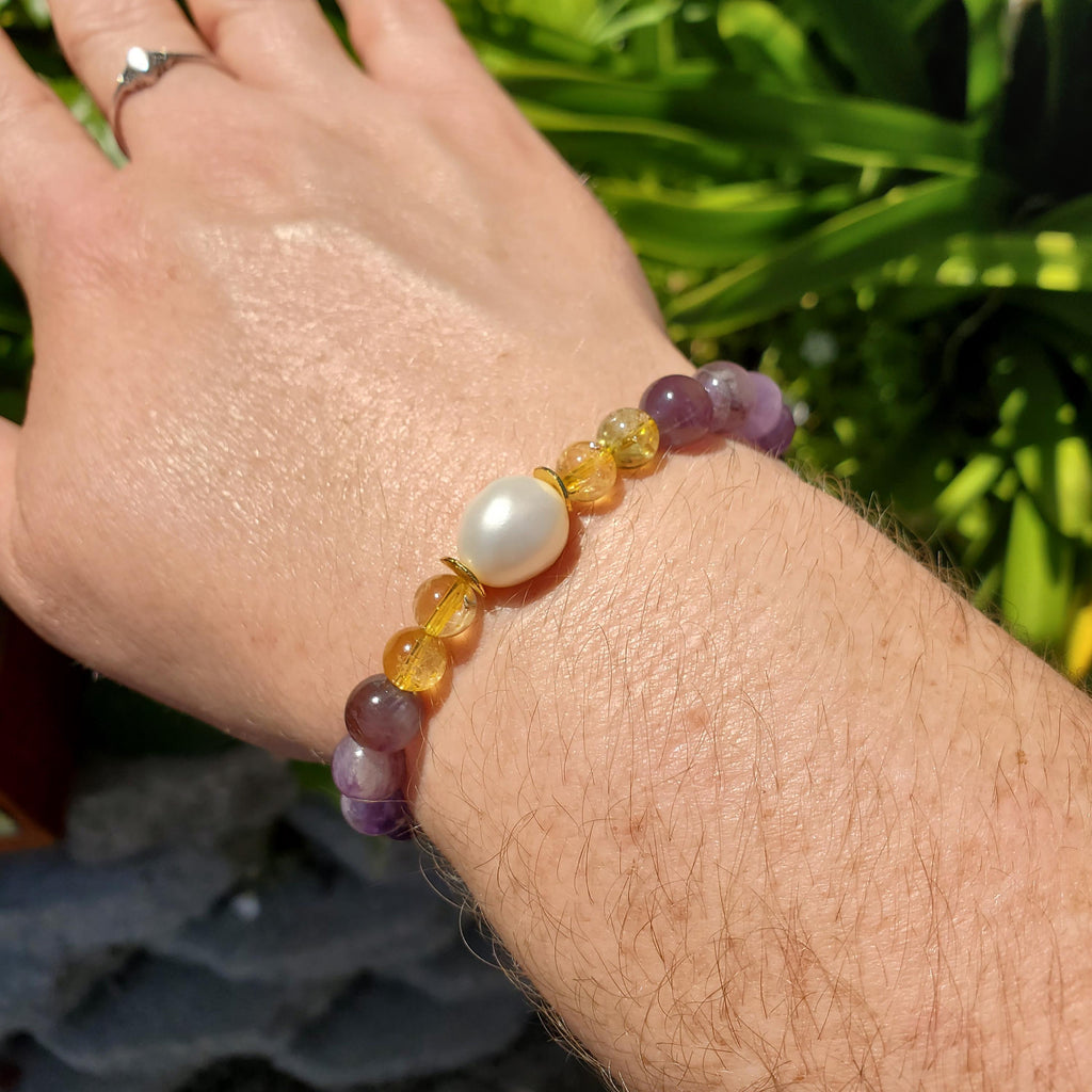 Empowering Crystal Bracelet with Amethyst, Citrine and Mother Pearl - Bring Harmony, Release Fear & Manifest - Handmade Crystal Jewelry
