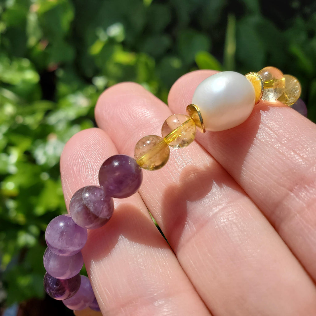 Empowering Crystal Bracelet with Amethyst, Citrine and Mother Pearl - Bring Harmony, Release Fear & Manifest - Handmade Crystal Jewelry